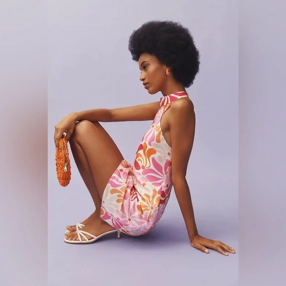 NEW Anthropologie Hutch Jones Halter Mini Dress Floral Orange Retro 70s Pink - Picture 3 of 10